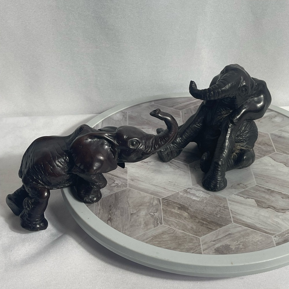 Vintage Elephant Figurine Pair Dark Resin 5x6” Playful Pose Safari Decor